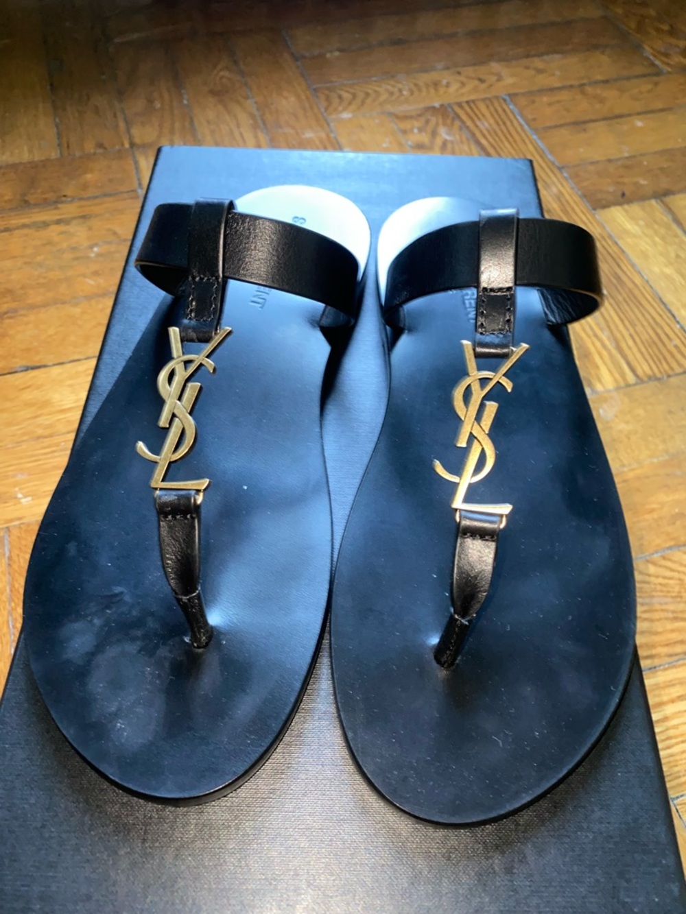 Saint Laurent Black Leather Sandals with Gold YSL Logo - Picture 3 of 3